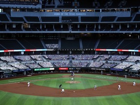 A general view of play between the Oakland Athletics and the Texas Rangers at Globe Life Field on September 12, 2020 in Arlington.