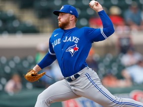 Blue Jays pitcher T.J. Zeuch delivers during the seventh inning during spring training action at Publix Field at Joker Marchant Stadium.