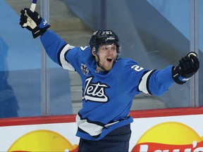 Winnipeg Jets forward Nikolaj Ehlers celebrates his overtime goal against the Montreal Canadiens on Wednesday night.