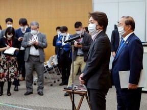 Seiko Hashimoto, president of Tokyo 2020, and Toshiro Muto, CEO of Tokyo 2020, attend a media briefing following the five-party meeting at the Tokyo 2020 headquarters in Tokyo, Japan March 3, 2021.