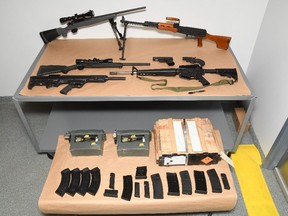 Winnipeg police uncovering a cache of weapons and ammunition at a home in the West End on Tuesday.
Handout