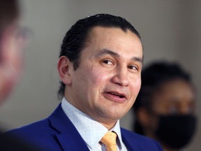 Manitoba NDP Leader Wab Kinew takes questions from media at the Manitoba Legislative Building in Winnipeg on Mon., March 8, 2021.