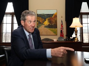 Premier Brian Pallister is pictured in conversation in his office at the Manitoba Legislative Building in Winnipeg on Tues., March 9, 2021. Kevin King/Winnipeg Sun/Postmedia Network