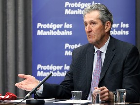 Premier Brian Pallister speaks during a COVID-19 briefing at the Manitoba Legislative Building in Winnipeg on Tuesday.
