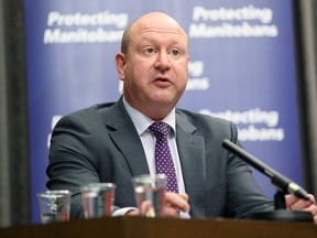 Dr. Brent Roussin, chief provincial public health officer, speaks during a COVID-19 briefing at the Manitoba Legislative Building in Winnipeg on Tuesday.