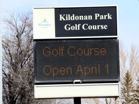 Sign indicating an April 1 opening at Kildonan Park Golf Course.