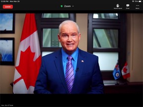 Erin O’Toole, Leader of the Official Opposition and Leader of the Conservative Party of Canada, addresses the Winnipeg Chamber of Commerce via Zoom on Monday.