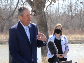 Premier Brian Pallister and Conservation and Climate Min. Sarah Guillemard announce a $20 million endowment fund for provincial parks from Beaudry Provincial Park on Thursday, April 22, 2021. Josh Aldrich/Winnipeg Sun