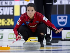 Team Canada skip Kerri Einarson halts her front end during draw 1, against Team Sweden in Calgary on Friday, April 30, 2021.