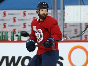 Jordie Benn takes part in Jets practice this week at Bell MTS Place. The veteran defenceman will make his debut with Winnipeg on Thursday, 10 days after he was acquired from Vancouver at the NHL trade deadline.