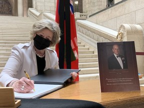 Lieutenant Governor of Manitoba Janice Filmon signed the province's official book of condolence for Prince Philip at the Manitoba Legislature in Winnipeg on Friday, April 9, 2021.