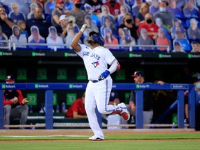 Blue Jays' Vladimir Guerrero Jr. reacts to his a grand-slam home run in the third inning against the Washington Nationals at TD Ballpark on April 27, 2021 in Dunedin, Fla.