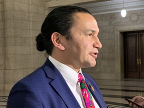 NDP Opposition Leader speaks to the media following question period at the Manitoba Legislature in Winnipeg on Thursday, April 15, 2021. Josh Aldrich/Winnipeg Sun