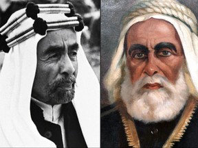 This combination of pictures shows (left to right) a photo dated July 1951, of King Abdullah I of Transjordania during an official ceremony; and an early 1920s portrait of his father Sharif Hussein ibn Ali, head of the Hashemite clan, Emir of Mecca, and later King of the Hejaz and head of the Arab Nationalist Movement seeking independence from the Ottoman Empire in 1916.