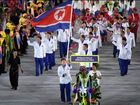 This file photo taken Aug. 5, 2016, shows North Korea's delegation during the opening ceremony of the Rio 2016 Olympic Games at the Maracana stadium in Rio de Janeiro.