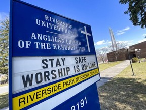 An Ottawa church advertises on its signage Easter services online, Thursday, April 1, 2021.