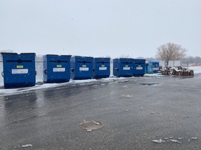 Bins at the recycling drop off at the St. James Civic Centre.