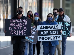 A group of animal rights activists protest against Bill 62, in Winnipeg.   Saturday, April 17, 2/2021.Winnipeg Sun/Chris Procaylo/stf