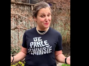 In a video posted on Twitter on April 18, Finance Minister Chrystia Freeland wore a black T-shirt emblazoned with the message "Je Parle Feministe."