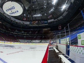 A general view of an empty Rogers Arena after the game between the Calgary Flames and Vancouver Canucks scheduled for Wednesday, March 31, 2021 was postponed due to COVID-19.