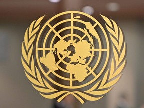 In this file photo taken on September 24, 2019 the United Nations logo is seen at the United Nations Headquarters in New York.