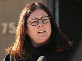 Health Minister Heather Stefanson speaks during a budget press conference outside Cadham Provincial Laboratory on William Avenue in Winnipeg on Tuesday, April 6, 2021.
