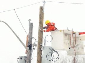 A Manitoba Hydro employee works to repair a power line along Century Street in Winnipeg on Mon., April 12, 2021. KEVIN KING/Winnipeg Sun/Postmedia
