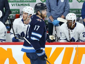 Winnipeg Jets centre Adam Lowry complains about a missed penalty against the Toronto Maple Leafs in Winnipeg on Thurs., April 22, 2021. He would later leave the game due to injury. KEVIN KING/Winnipeg Sun/Postmedia Network