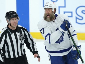 Toronto Maple Leafs forward Joe Thornton complains about his interference penalty against the Jets in Winnipeg on Thursday, April 22, 2021.