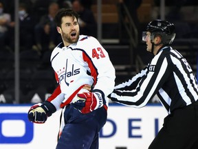 Tom Wilson of the Washington Capitals yells at the New York Rangers bench during Monday's game.