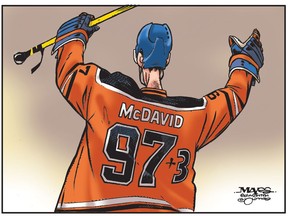 Connor McDavid reaches100 points in just 53 games. (Cartoon by Malcolm Mayes)