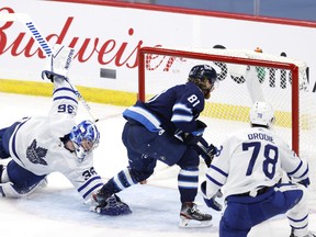 Winnipeg Jets left wing Kyle Connor (81) scores on Toronto Maple Leafs goaltender Jack Campbell (36) in the second period at Bell MTS Place on Friday.