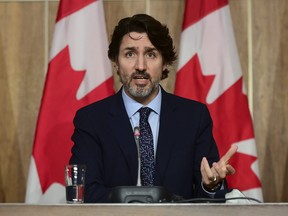 Prime Minister Justin Trudeau holds a press conference in Ottawa on Friday, May 7, 2021, during the COVID-19 pandemic.