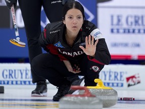 Team Canada skip Kerri Einarson sits in the rings during draw 5 against Switzerland.