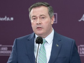 Alberta Premier Jason Kenney is pictured in Edmonton providing an an update on Alberta’s COVID-19 vaccine distribution on Monday, April 26, 2021.