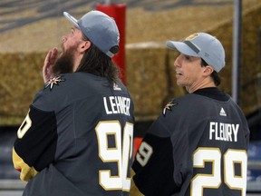Vegas Golden Knights goaltenders Robin Lehner (left) and Marc-Andre Fleury.