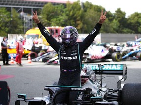 Formula One F1 - Spanish Grand Prix - Circuit de Barcelona-Catalunya, Barcelona, Spain - May 9, 2021 Mercedes' Lewis Hamilton celebrates after winning the race