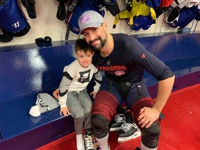 Nate Thompson and his son, with his son, Teague, at the Habs practice facility.
Stu Cowan/Postmedia