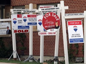Real estate signs in front of a Corydon Avenue condominium in Winnipeg on Wed., May 19, 2021.