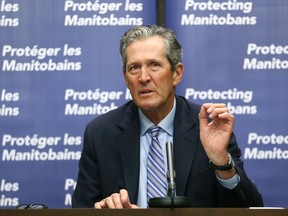 Premier Brian Pallister gets emotional while delivering a COVID-19 briefing at the Manitoba Legislative Building in Winnipeg on Thurs., May 20, 2021. KEVIN KING/Winnipeg Sun/Postmedia Network