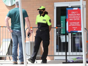 A security checkpoint outside the CF Polo Park shopping mall in Winnipeg on Sun., May 30, 2021.