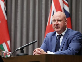 Dr. Brent Roussin, chief provincial public health officer, speaks during a COVID-19 briefing at the Manitoba Legislative Building in Winnipeg on Monday, May 31, 2021.