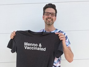 Steinbach-based teacher Ryan Polinsky has created a ÔMenno and VaccinatedÕ merchandise line as a way for fellow Mennonites to let people know they have been vaccinated.