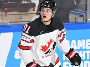 Cole Perfetti celebrates scoring a goal at the world championship. The Jets prospect finished off his season by winning a gold medal with Team Canada.