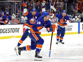 Islanders forward Anthony Beauvillier celebrates after scoring the game-winning goal during the first overtime period against the Lightning in Game 6 of the Stanley Cup Semifinals at Nassau Coliseum in Uniondale, N.Y., Wednesday, June 23, 2021.
