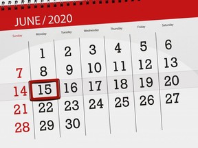 Calendar planner for the month june 2020, deadline day, 15, monday