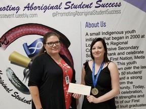 Promoting Aboriginal Student Success (PASS) chairperson Jacqueline Miskobineshiikwe Bercier Carter is seen with PASS 2020 Gold Medallion Alumni Recipient Carly Chartier.