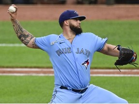 Toronto Blue Jays starting pitcher Alek Manoah delivers a third inning pitch against the Baltimore Orioles at Oriole Park at Camden Yards.