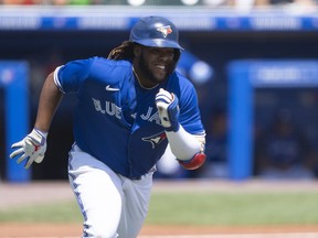 Toronto Blue Jays first baseman Vladimir Guerrero Jr. (27) runs out an RBI single during the third inning against the Baltimore Orioles at Sahlen Field n Buffalo on Sunday, June 27, 2021.