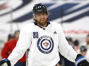 Blake Wheeler reacts during Winnipeg Jets practice in Winnipeg on Mon., May 31, 2021. KEVIN KING/Winnipeg Sun/Postmedia Network